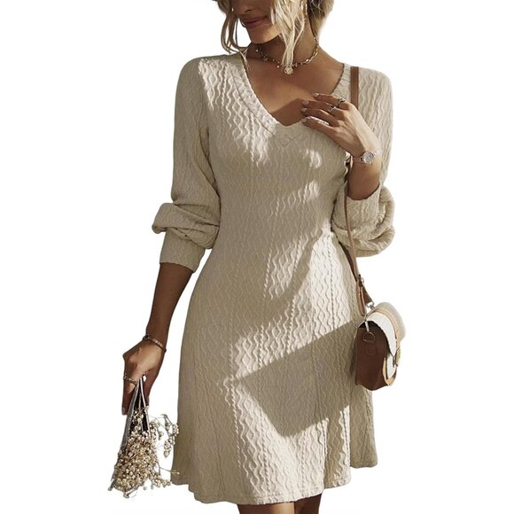 Trendy A-Line Long Sleeve V Neck Sweater Dress for Fall Wedding Guests
